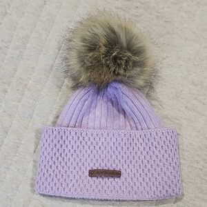 Catherine Malandrino Lavender Knit Beanie with Faux Fur Pom-Pom